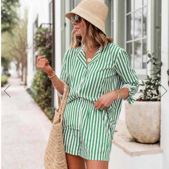 Women Splendid x Cella Jane White Green Stripe 2 PC- Set  Collared Top/S Short/M - Picture 1 of 16